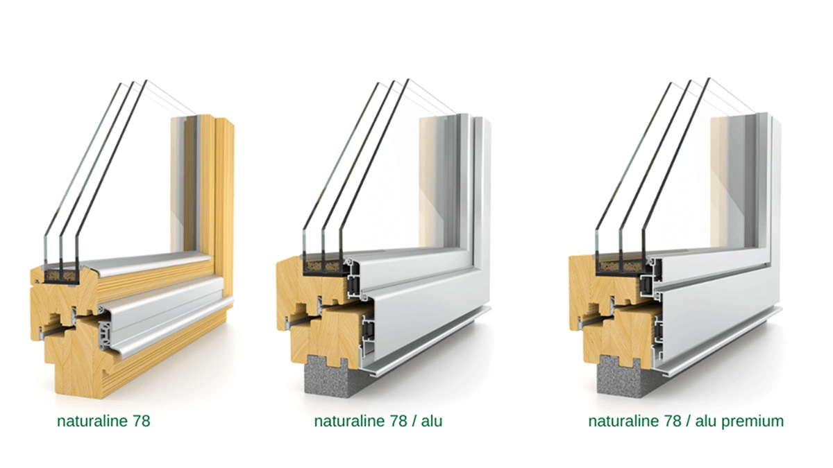 Tri vrste lesenih oken v preseku - Naturline 78, Naturline 78 / ALU in Naturline 78 / ALU Premium